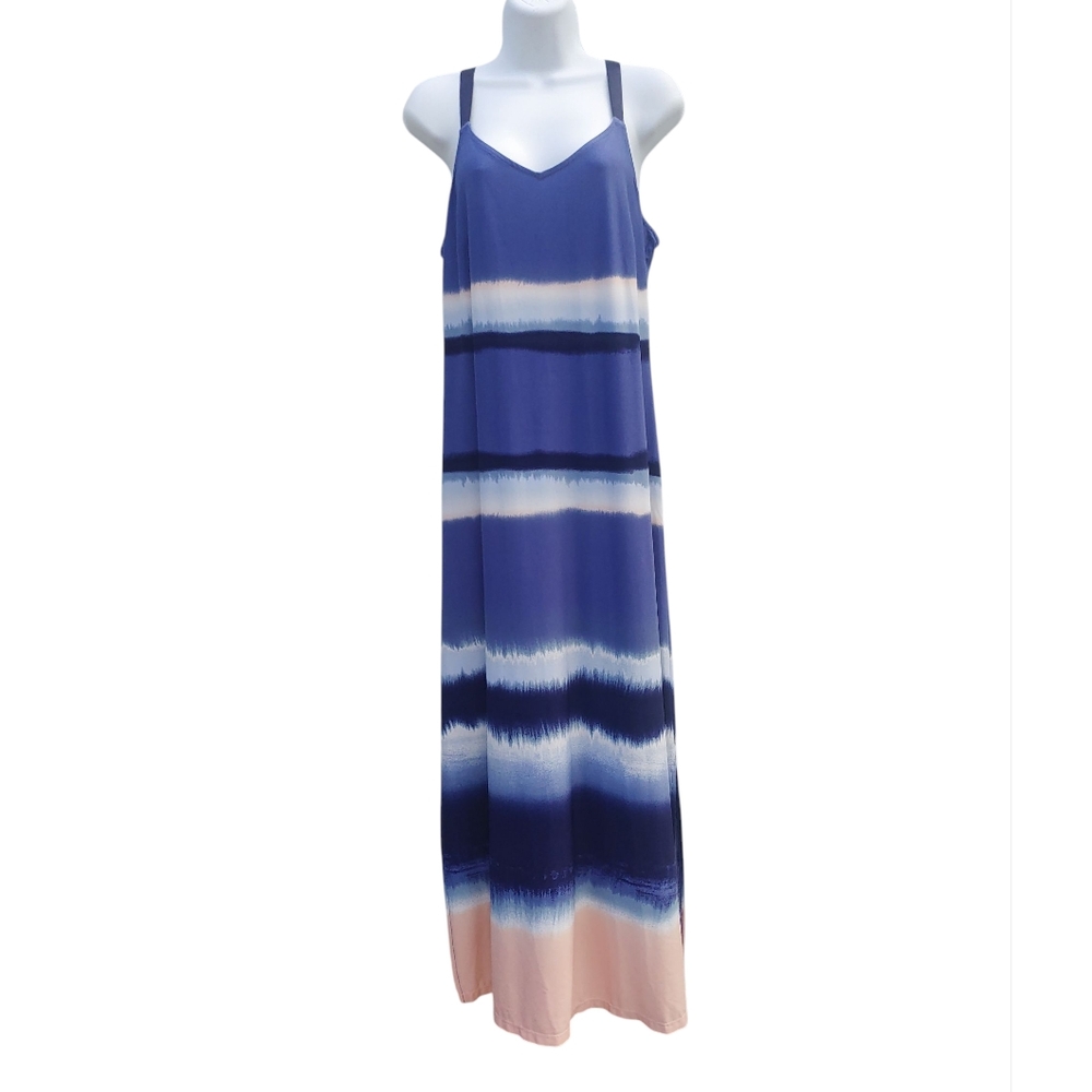 MSK Navy White Peach Striped Maxi Dress Split Seams Spaghetti Straps Size M